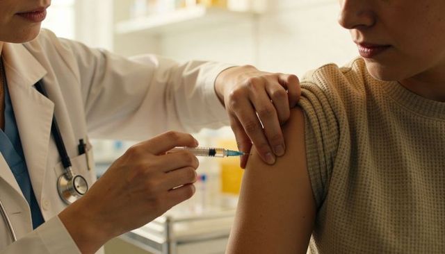Medical professional administering intramuscular vaccine to patient upper arm in clinic