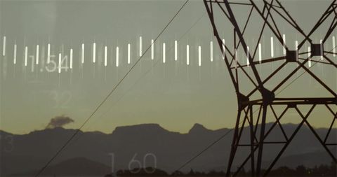 Transmission tower at dawn with digital data overlay