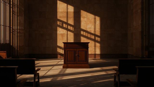 Sunlight streaming through grated windows casting dramatic shadows over wooden lectern