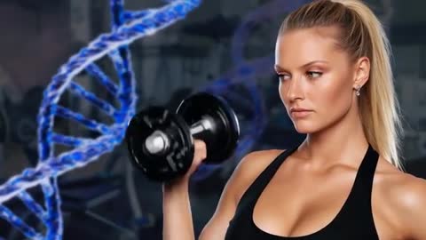 Athlete Exercising with Dumbbell Against DNA Sequence Overlay