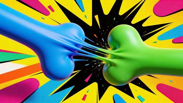Blue and green glossy blobs colliding with pop art halftone explosion, colorful impact