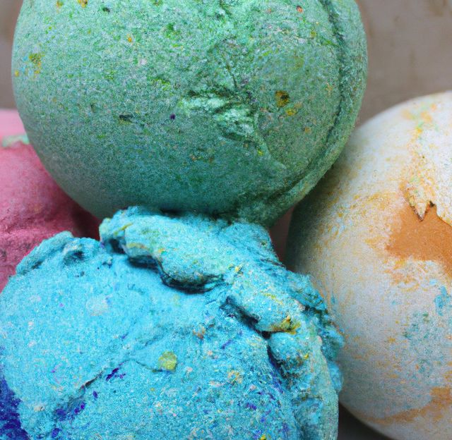 Close-up of vibrant bath bombs showcasing various textures and colors. Ideal for use in promotions for spa treatments, self-care routines, wellness products, or luxury toiletries. Great visual aid for blogs and websites related to health, beauty, and relaxation.