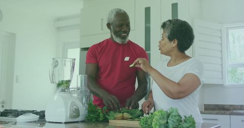 Senior African American Couple Cooking Healthy Meal in Kitchen