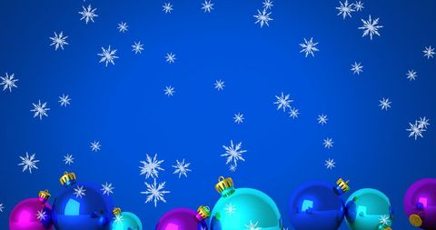 Colorful Christmas Baubles and Snowflakes on Blue Background