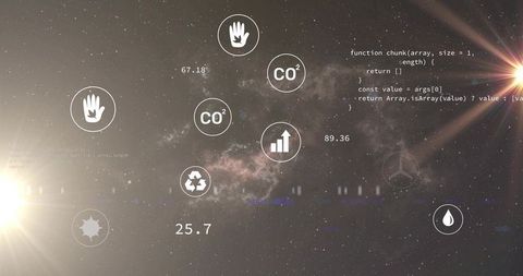 Floating hud icons overlaying nebula with dataviz readouts, code and environmental metrics