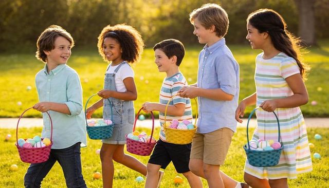 Kids walking with colorful baskets gathering pastel eggs during outdoor easter hunt