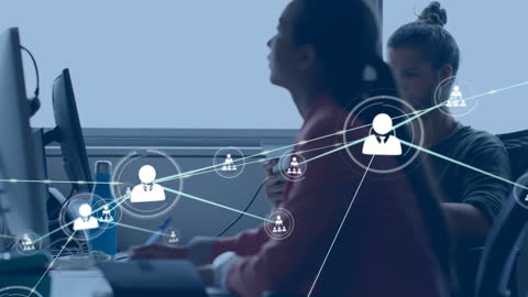 Network Connections in Modern Office with Digital Interface Overlay