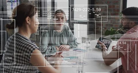 Woman leading collaborative team meeting with augmented reality overlays in modern office