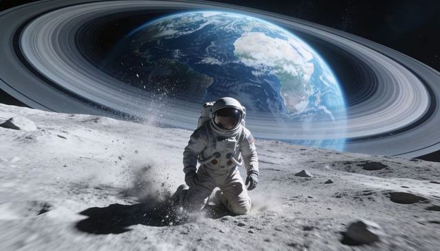 Kneeling astronaut kicking lunar regolith with ringed Earth rising over cratered horizon