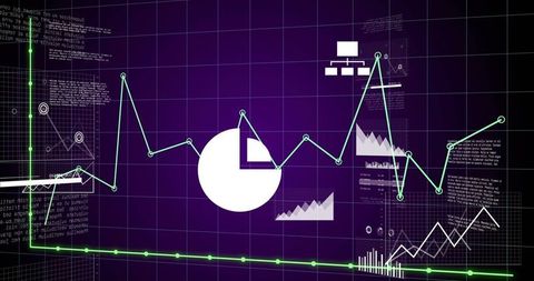Neon futuristic dashboard showing teal time-series line, white pie chart, green markers