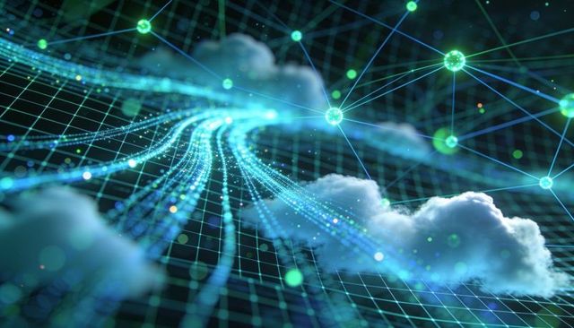 Streaming cloud network visualizing data flow across neon mesh grid with glowing nodes