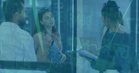 Business Team Collaborating in Modern Glass Office with Financial Chart Overlay