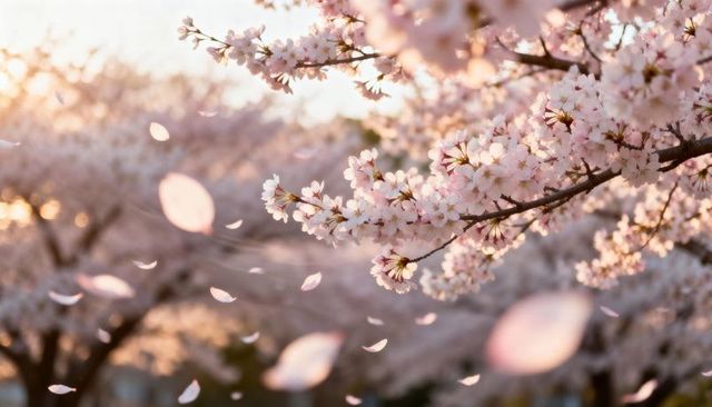Cherry Blossoms Blooming at Golden Hour, Petals Drifting in Soft Sunset Light