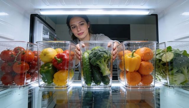 Woman organizing fresh produce in clear fridge bins arranging vegetables for meal prep