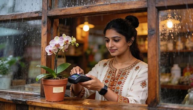 Indian shopkeeper processing card payment at rainy wooden storefront with orchid on counter