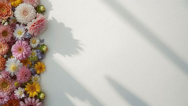 Pastel chrysanthemum and daisy border casting soft shadows on white textured canvas