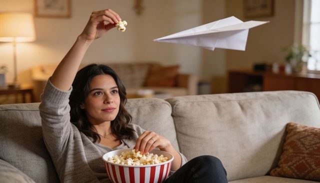 Woman relaxing on couch holding popcorn bowl watching paper airplane in cozy living room