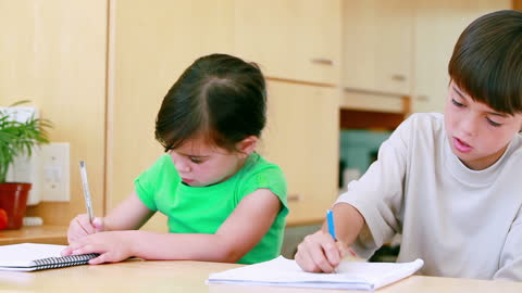 Focused Siblings Doing Homework Together at Home