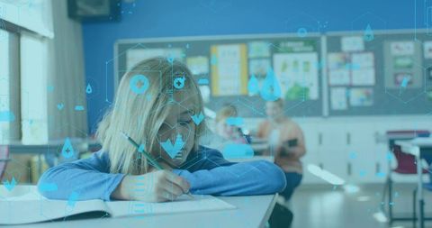 Student Writing in Classroom with Augmented Reality Education Interface Overlay