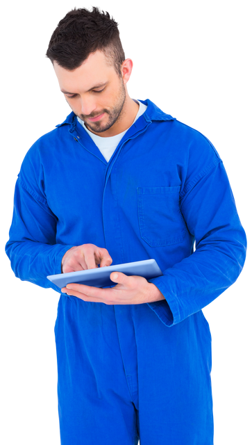 Mechanic Using Transparent Tablet Wearing Blue Overalls - Download Free Stock Videos Pikwizard.com