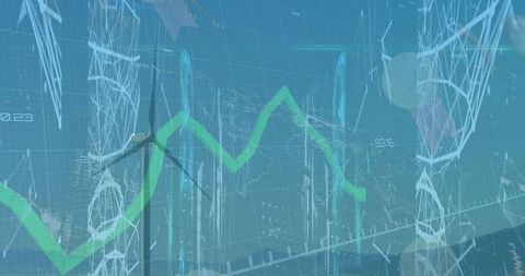 Wind turbine with digital green line chart for sustainable energy