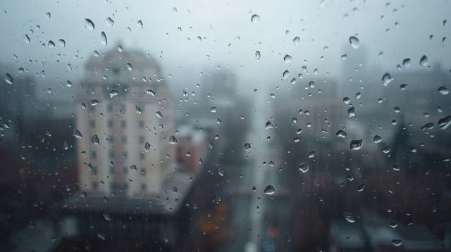 Glistening Rain Droplets Clinging to Window Glass Over Blurred Urban Skyline in Fog