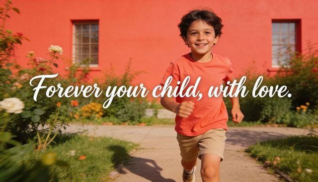 Joyful boy running through sunlit garden with red wall and carefree smile for family love