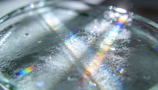 Macro frost and rainbow light refraction on glass dish with ice crystals and condensation