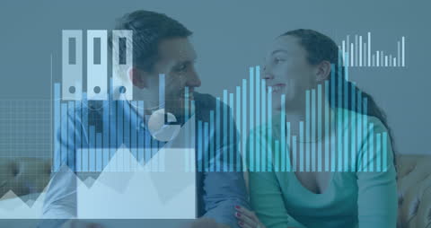 Smiling Couple Analyzing Financial Data Technology Concept