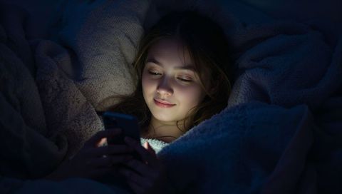Teen enjoying smartphone under cozy blanket at night
