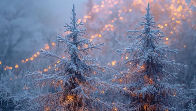 Frosted Evergreens Glowing with Warm String Lights at Twilight in Misty Winter Grove Magic