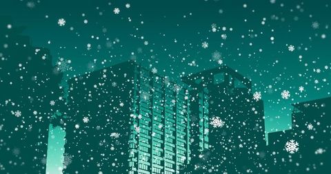 Urban Winter Nightscape with Falling Snowflakes
