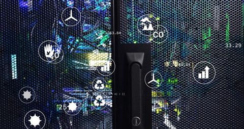 ecology icons overlaying modern data server room - Download Free Stock Images Pikwizard.com