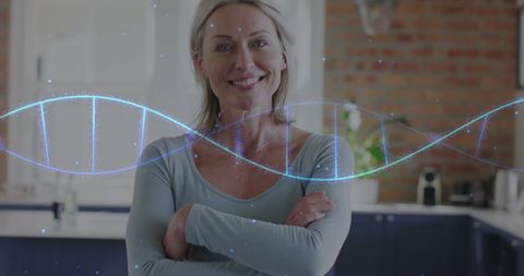 Smiling Woman with Superimposed DNA Strand in Modern Kitchen