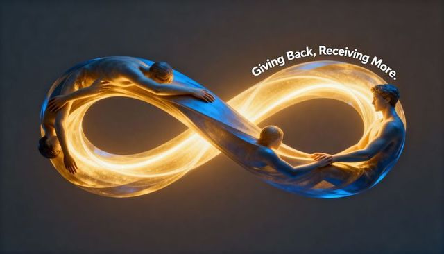 Luminescent infinity sculpture embracing human forms, symbolizing reciprocity and unity