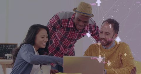 Diverse Team Collaborating on Laptop with Digital Network Overlay