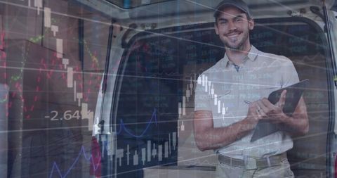 Smiling Delivery Worker with Data Overlay