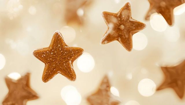 Star-shaped gingerbread cookies hanging with sparkling sugar, bokeh and warm holiday glow