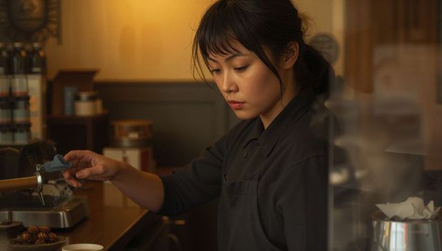 Focused barista pulling espresso in warm wood-tone cafe with pastries and rustic canisters