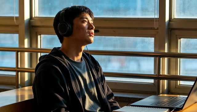 Sunlit student listening on headphones at window desk with laptop during golden hour