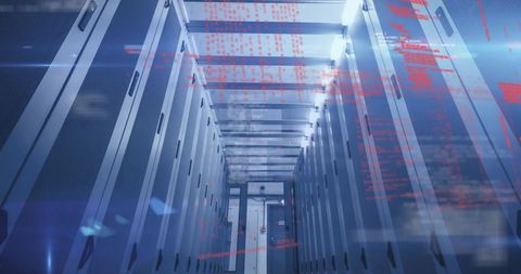 Futuristic Data Center Hallway with Digital Code Overlay - Download Free Stock Images Pikwizard.com