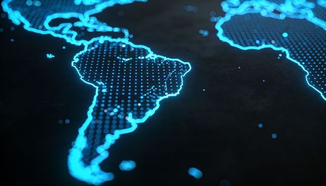Neon dotted south america map highlighting digital networks and geospatial data projection