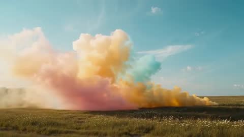 Vibrant Pastel Smoke Rising Over Field in Artistic Display