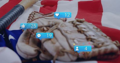 Baseball Glove and Bat on American Flag with Digital Notifications