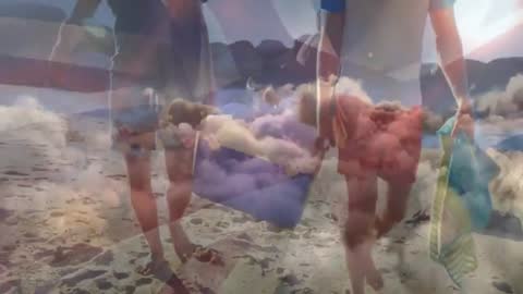 Friends Enjoying Sunlit Beach Day with Cooler & Towels