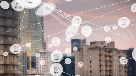 Digital Connectivity in Urban Environment with Music and Technology Icons