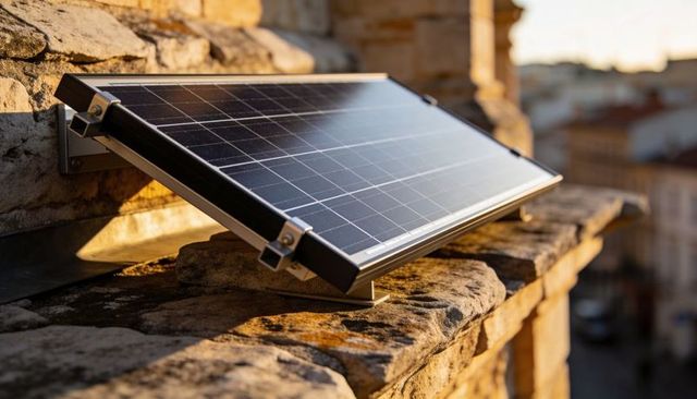 Sunlit solar panel sitting on stone parapet showing brackets and glass on urban rooftop