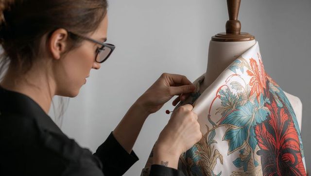 Designer draping floral fabric on dress form in studio