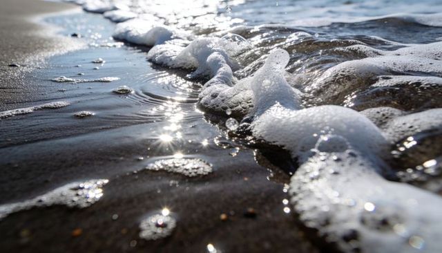Sunlit seafoam washing over wet sand with sparkling reflections and small pebbles