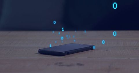 Smartphone Transmitting Binary Data with Blue Holographic Digits Over Wooden Surface
